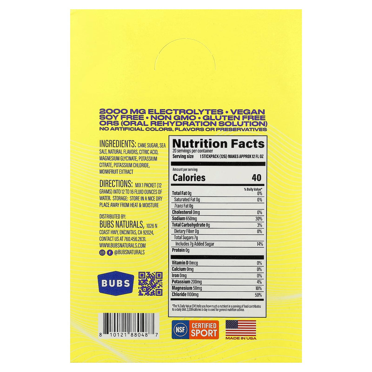 BUBS Naturals Hydrate or Die Electrolyte Drink Mix, Lemon, 20 Packets - view 2