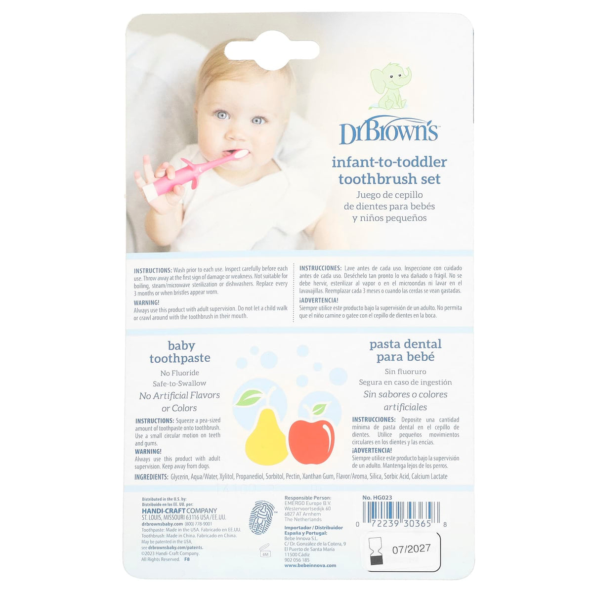 Dr. Brown's Infant-to-Toddler Toothbrush Set 0-3 Years, Pink Apple Pear, 2 Piece — alternate product view