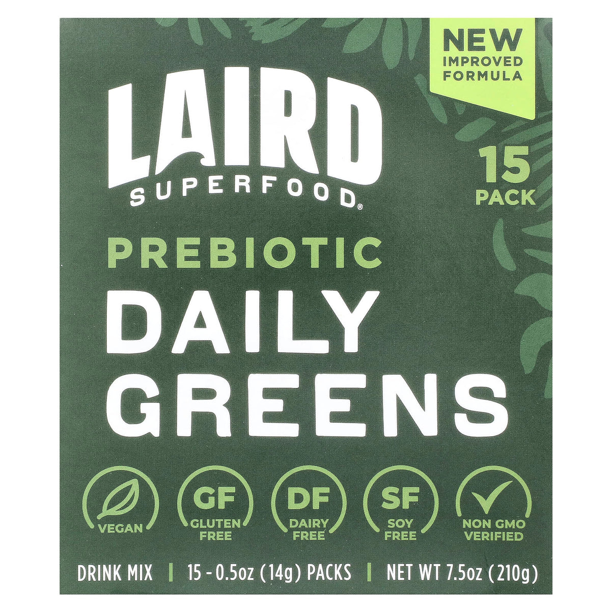 Laird Superfood Prebiotic Daily Greens Drink Mix, 15 Packs, 0.5 oz (14 g) Each