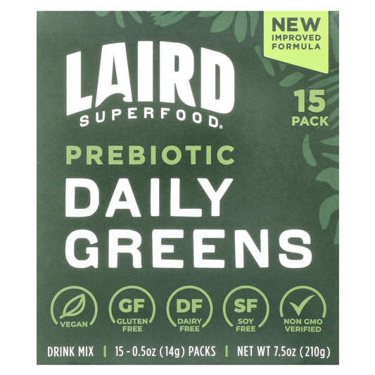 Laird Superfood Prebiotic Daily Greens Drink Mix, 15 Packs, 0.5 oz (14 g) Each