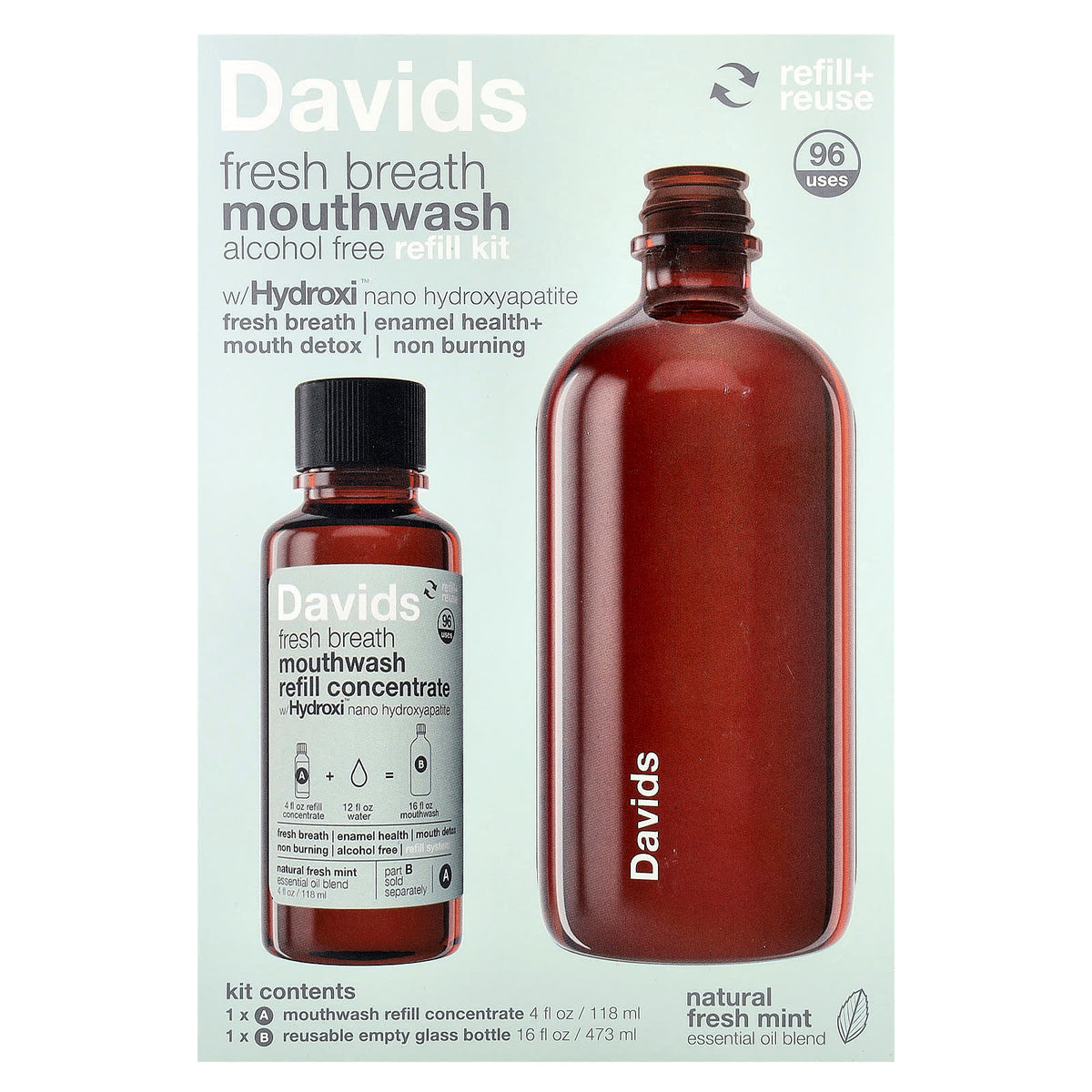Davids Fresh Breath Mouthwash Refill Kit, Alcohol Free, Fresh Mint, 2 Piece Kit - view 2