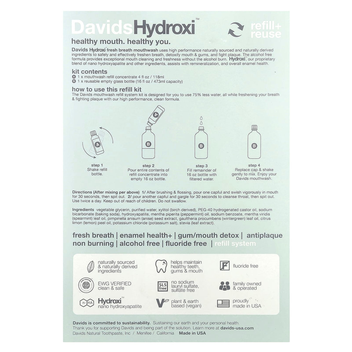 Davids Fresh Breath Mouthwash Refill Kit, Alcohol Free, Fresh Mint, 2 Piece Kit - view 3
