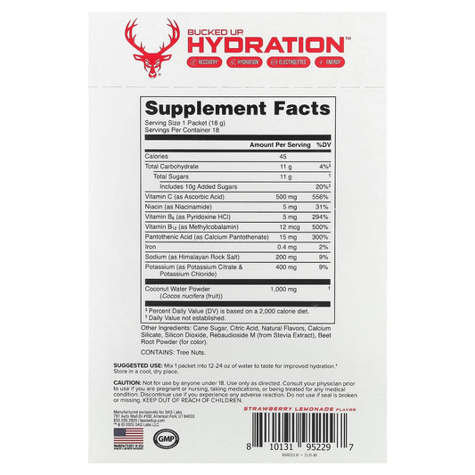 Bucked Up Hydration Electrolyte Drink Powder Strawberry Lemonade 18 Packets - view 2