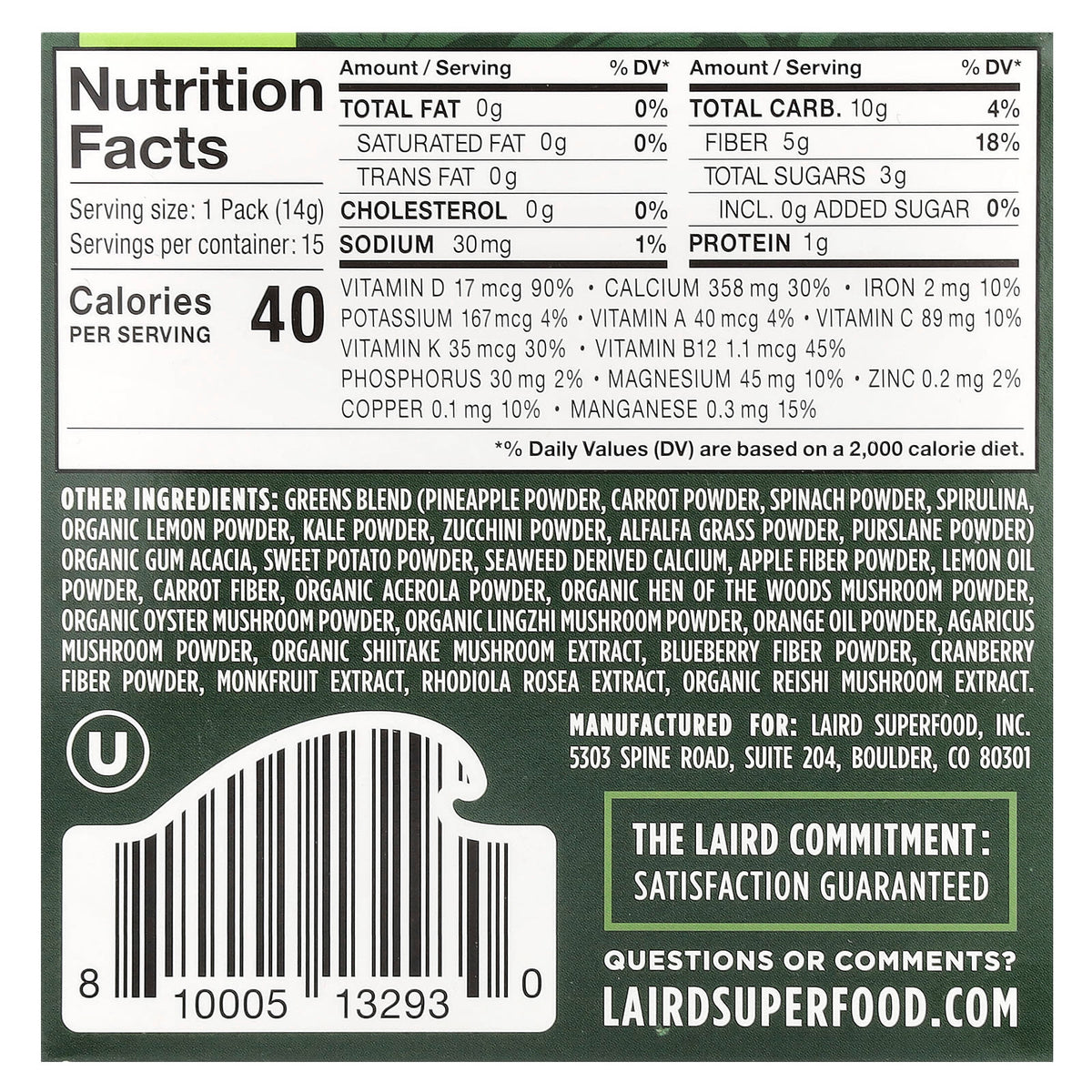 Laird Superfood Prebiotic Daily Greens Drink Mix, 15 Packs, 0.5 oz (14 g) Each — alternate product view
