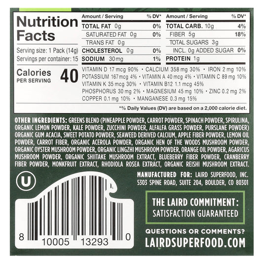 Laird Superfood Prebiotic Daily Greens Drink Mix, 15 Packs, 0.5 oz (14 g) Each - view 2