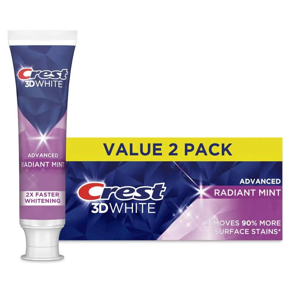 Crest 3D White Advanced Teeth Whitening Toothpaste, Radiant Mint, 3.3 Oz, Pack of 2