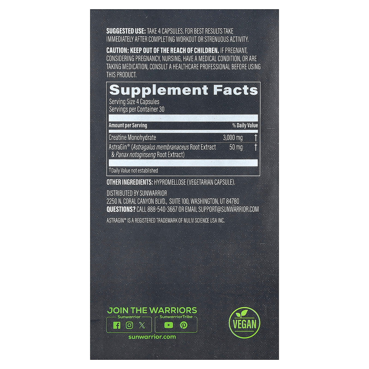 Sunwarrior Post-Workout Creatine 3000 & Astragin, 120 Vegan Capsules - view 2