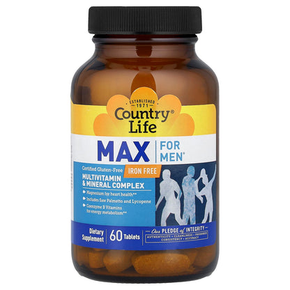 Country Life Max for Men Multivitamin & Mineral Complex, Iron Free, 60 Tablets