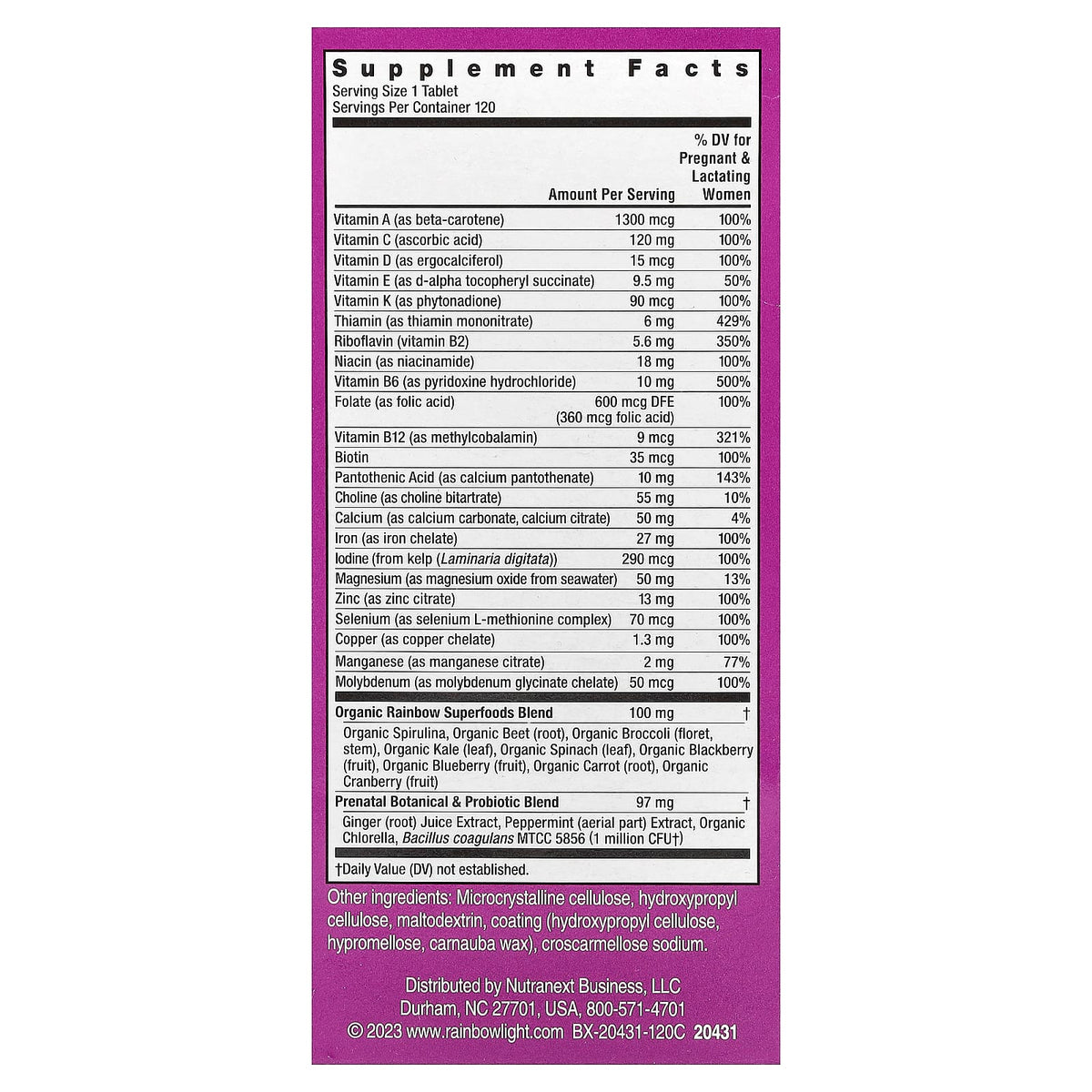 Rainbow Light Prenatal One Daily Multivitamin, High Potency, 120 Vegan Tablets — alternate product view