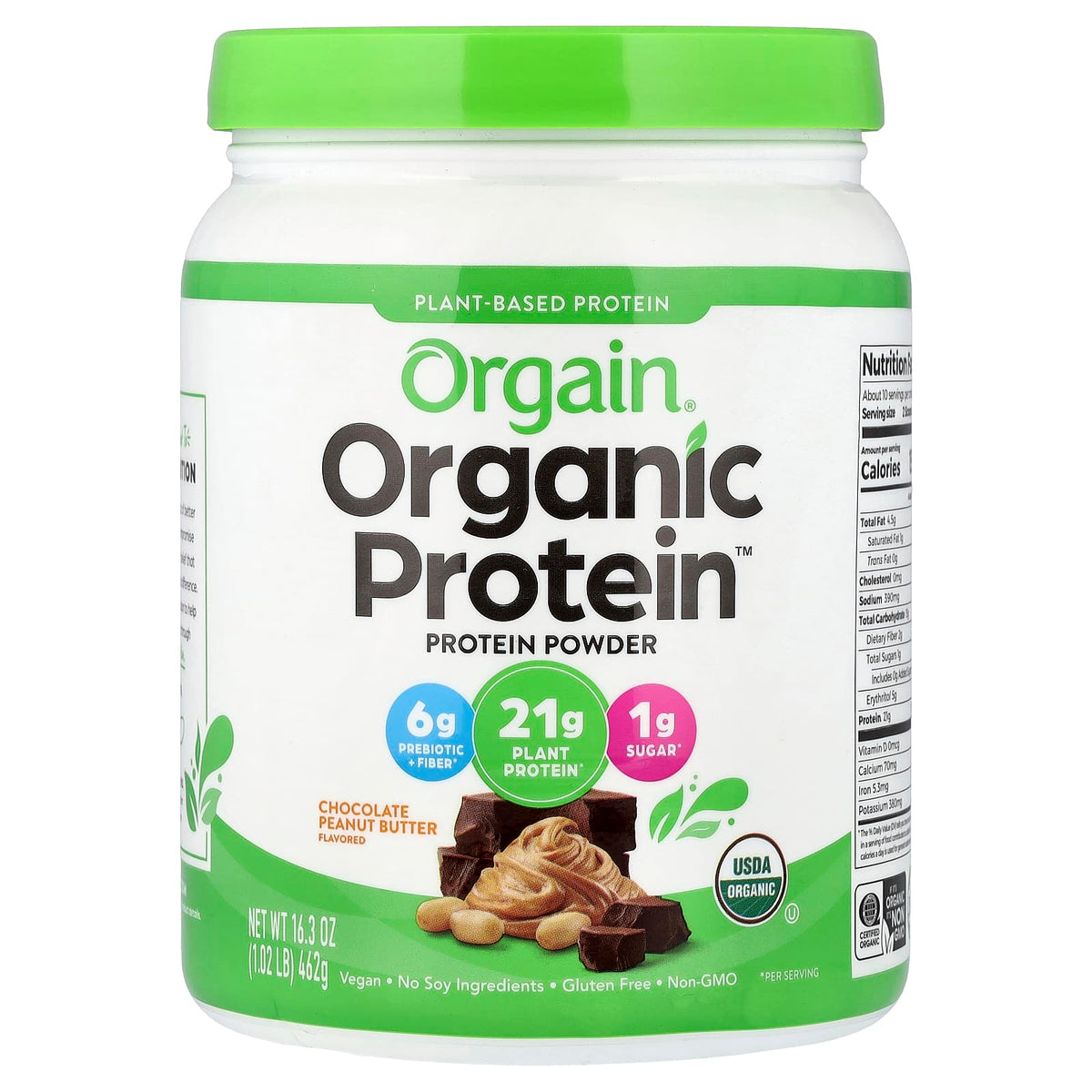 Orgain Organic Plant-Based Protein Powder, Chocolate Peanut Butter, 462 g (16.3 oz) — product view