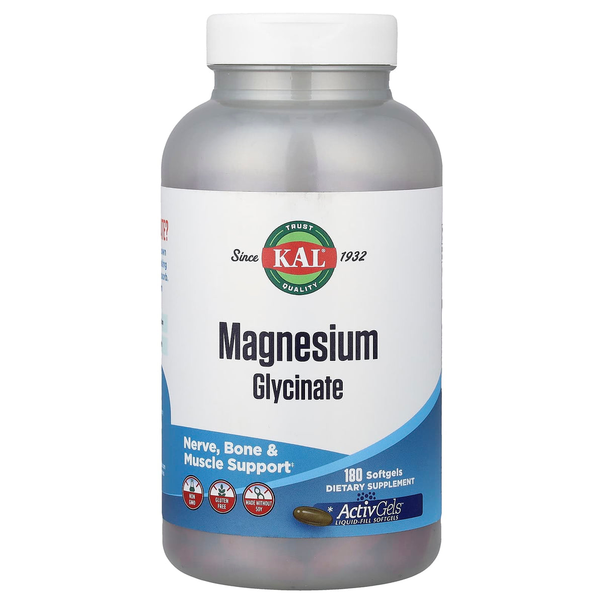 KAL Magnesium Glycinate, 105 mg per Softgel, 180 Softgels — product view