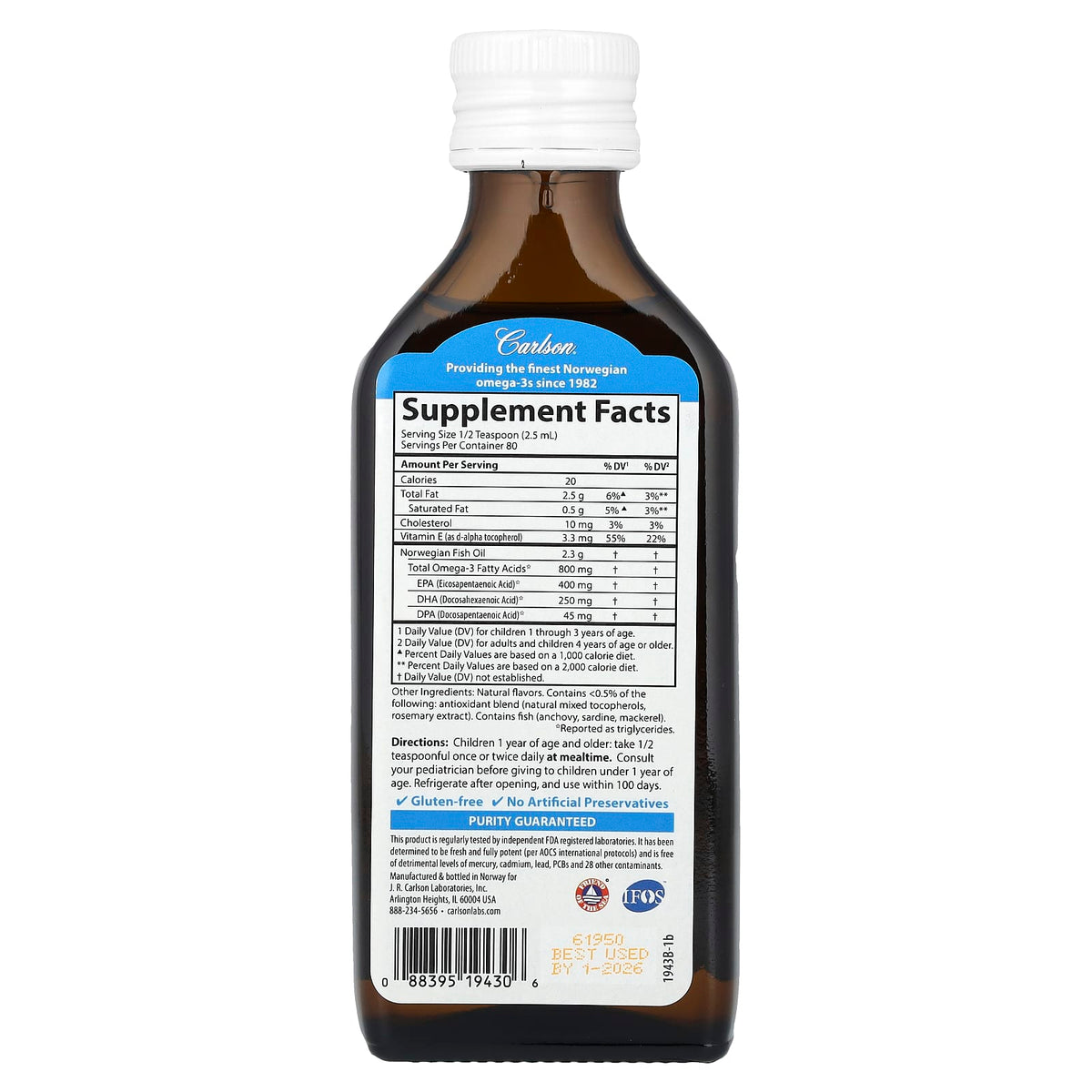 Carlson Kid's Norwegian Fish Oil, Just Peachie, 800 mg, 200 ml (6.7 fl oz) — alternate product view