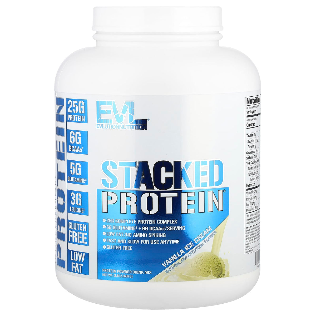 EVLution Nutrition Stacked Protein Powder, Vanilla Ice Cream, 2.27 kg (5 lb) — product view