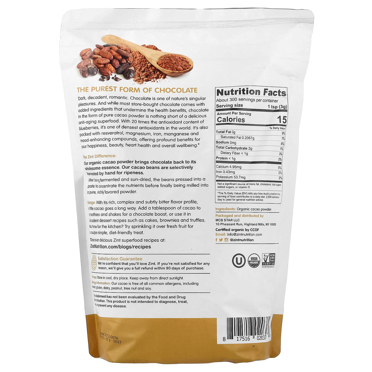 Zint Raw Organic Cacao Powder, 907 g (32 oz) - view 2