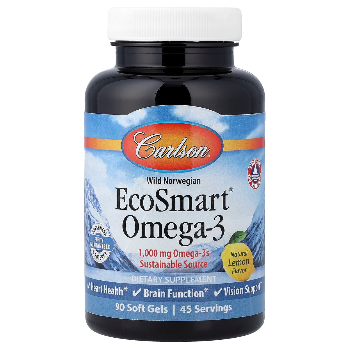 Carlson Wild Norwegian EcoSmart Omega-3, Natural Lemon, 90 Soft Gels — product view