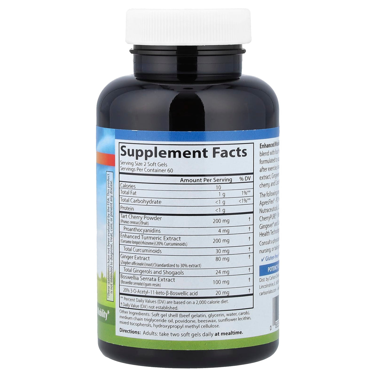 Carlson Enhanced Mobility Boswellia, Ginger, Cherry and Curcumin 120 Soft Gels - view 2