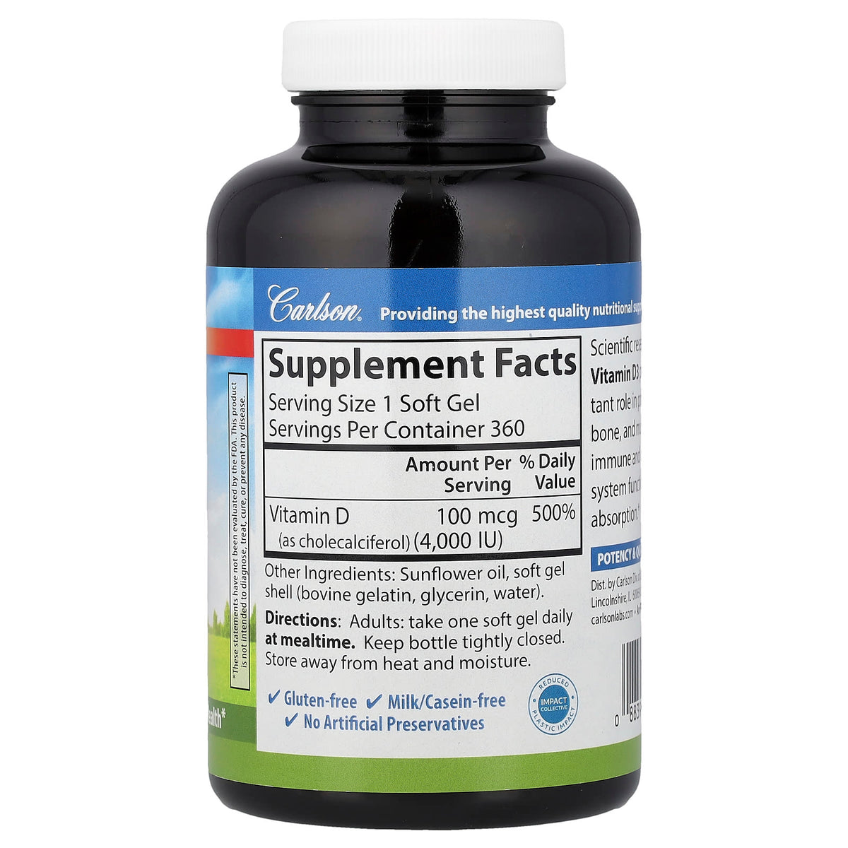 Carlson Vitamin D3, 100 mcg (4,000 IU), 360 Soft Gels - view 2