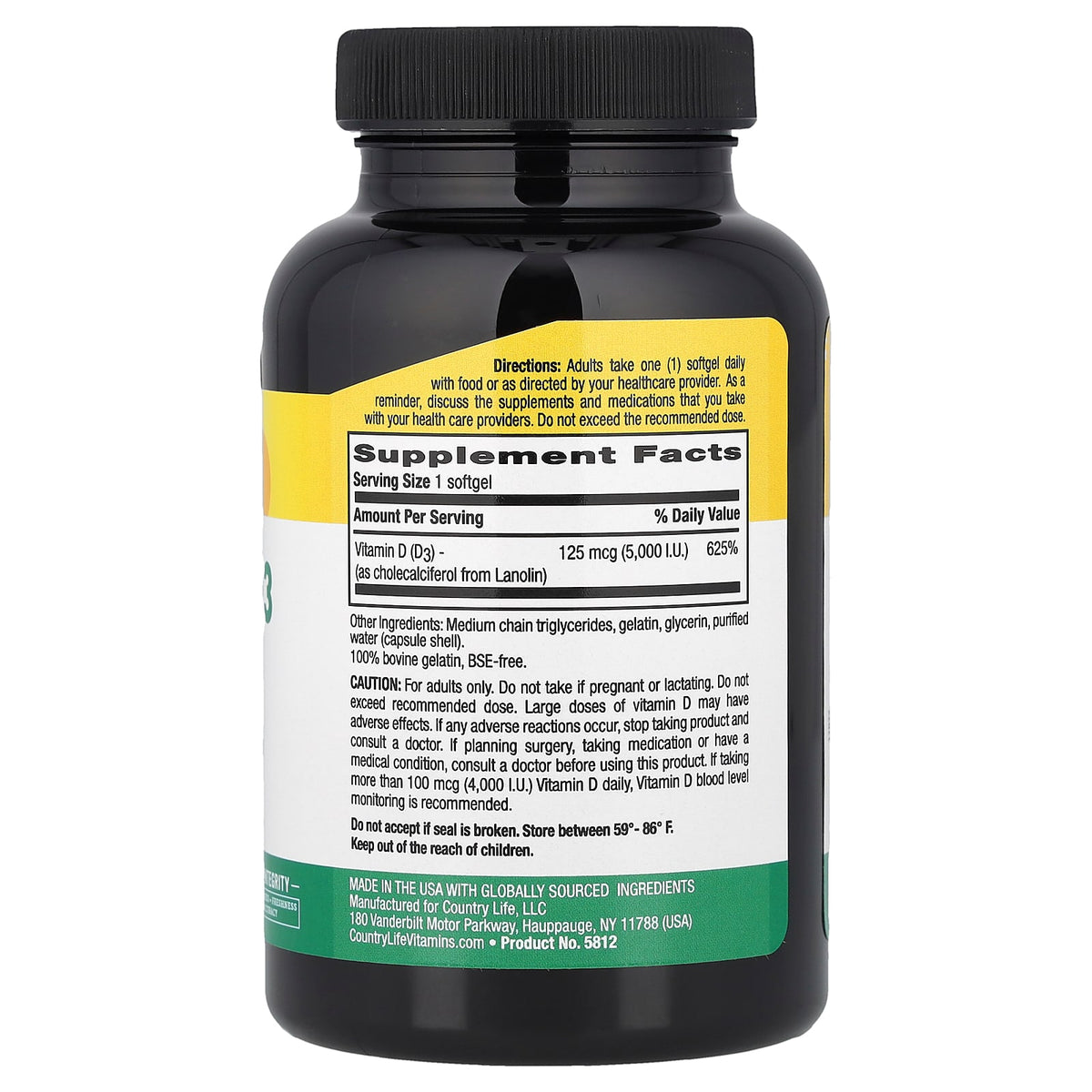 Country Life Vitamin D3 125 mcg (5,000 IU), 365 Softgels — alternate product view