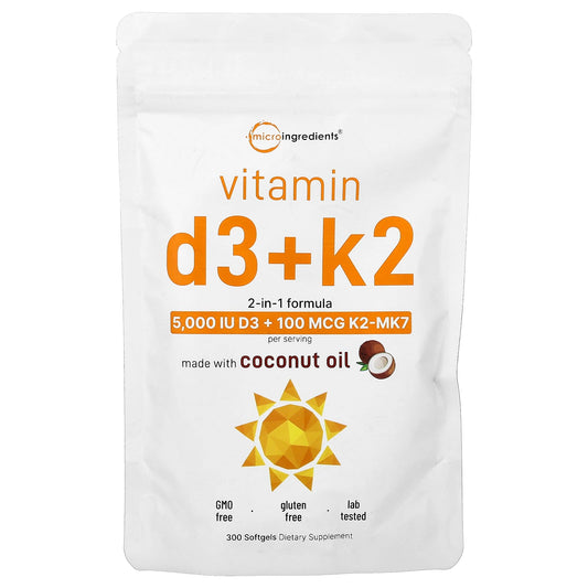 Micro Ingredients Vitamin D3 + K2 with Coconut Oil, 300 Mini Softgels