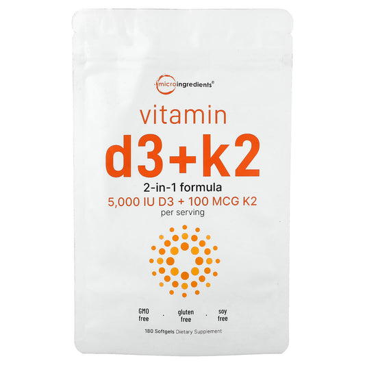 Micro Ingredients Vitamin D3 + K2 with Sunflower Seed Oil, 180 Softgels