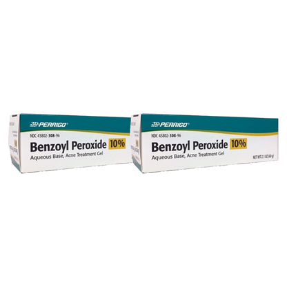 Perrigo Acne Gel Benzoyl 10% Max Strength 2.1oz Pack of 2, effective topical acne treatment in green and white packaging.