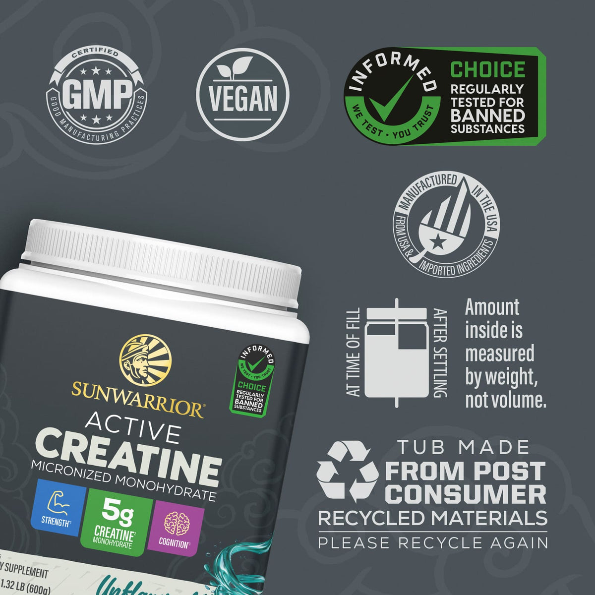 Sunwarrior Active Creatine Unflavoured, 600 g (1.32 lb) - view 3
