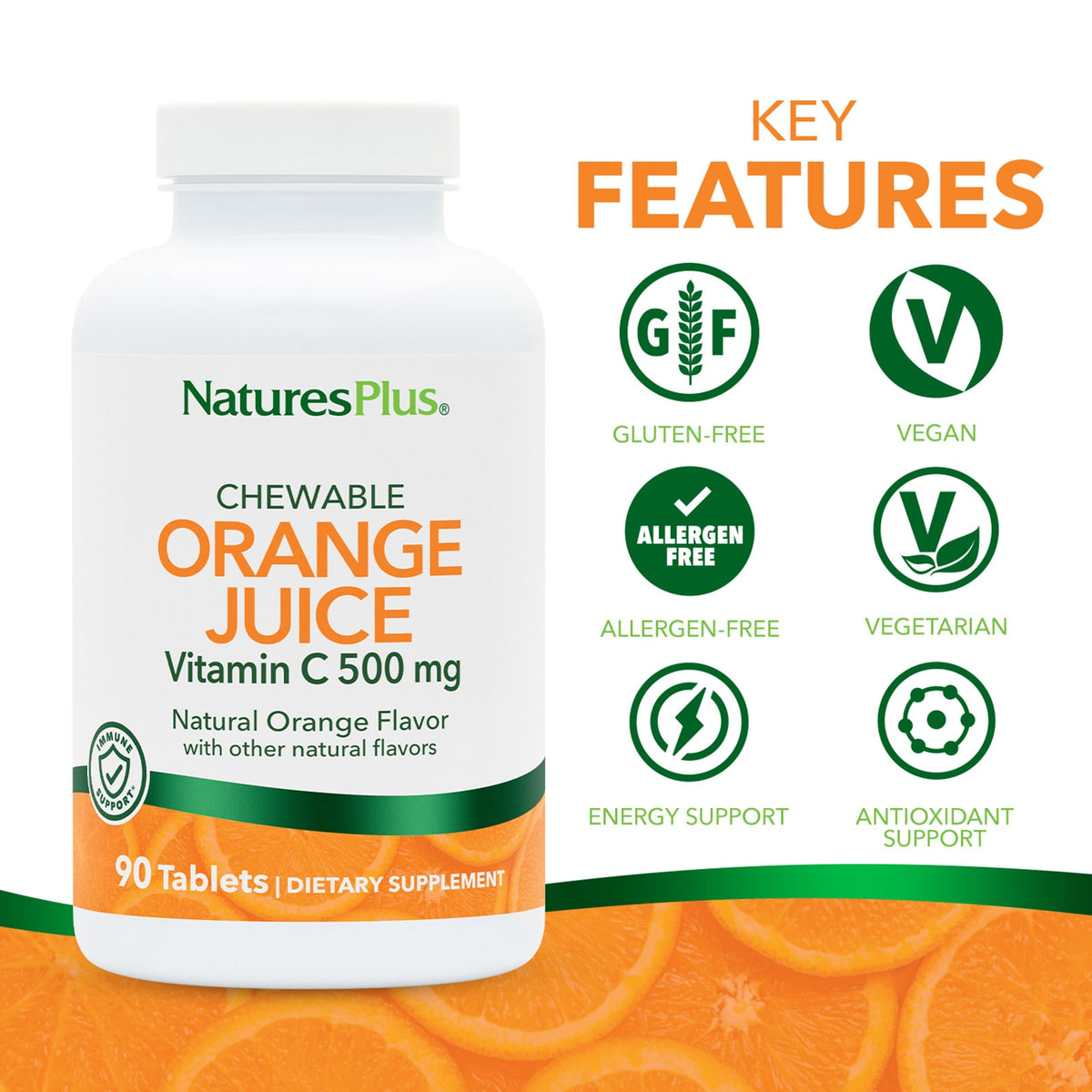 NaturesPlus Chewable Orange Juice Vitamin C 500 mg, 90 Tablets - view 3