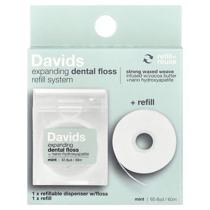 Davids Expanding Dental Floss Refill System with Refill, Mint, 2 Count