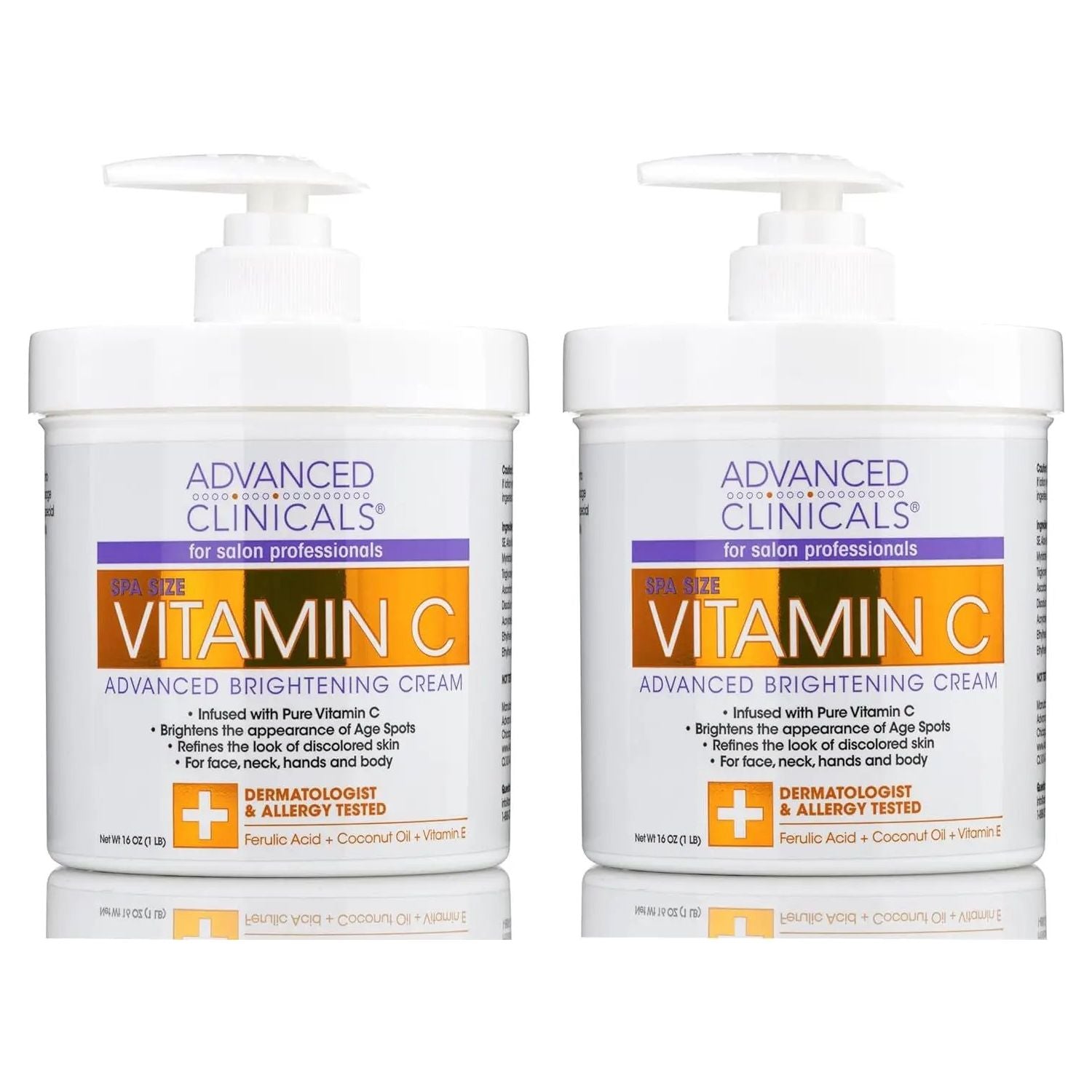 Advanced Clinicals Vitamin C Face & Body Cream Moisturizing Skin Care Lotion, anti Aging Vitamin C Skincare Moisturizer for Body, Face, Age Spots, Wrinkles, & Sun Damaged Skin, Large 16Oz (2-Pack)