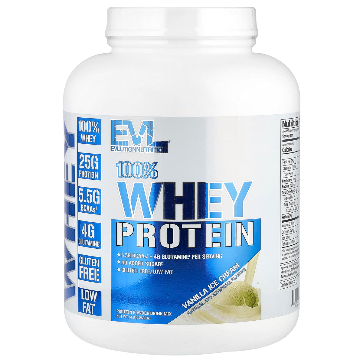EVLution Nutrition 100% Whey Protein Powder, Vanilla Ice Cream, 2.27 kg (5 lb)