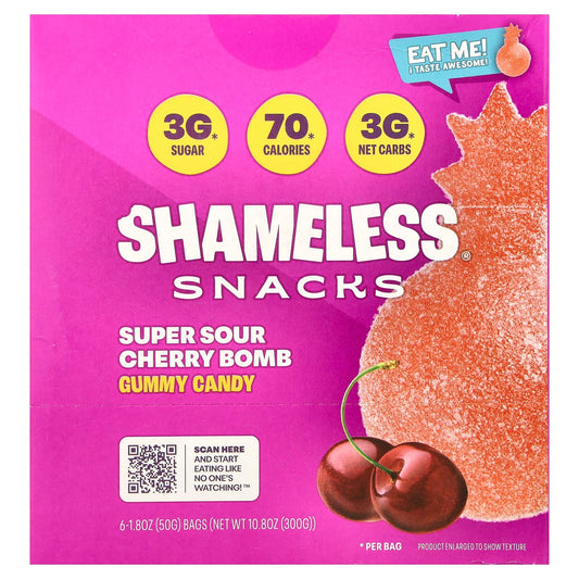 Shameless Snacks Gummy Sweets Super Sour Cherry Bomb, 6 x 50 g Bags
