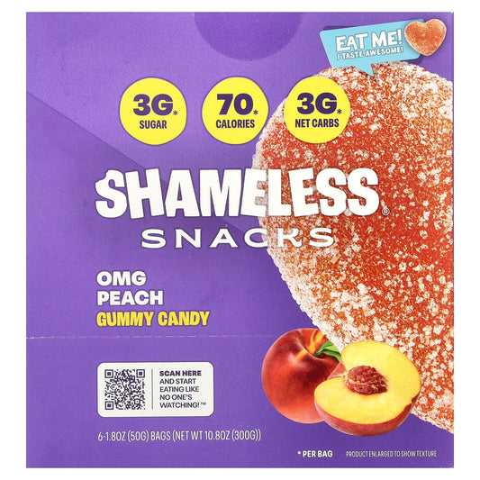Shameless Snacks Gummy Sweets OMG Peach, 6 x 50 g Bags