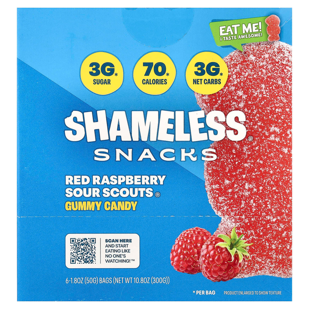 Shameless Snacks Gummy Sweets Red Raspberry Sour Scouts, 50 g (1.8 oz) Bags, Pack of 6 — product view