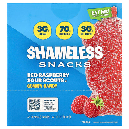 Shameless Snacks Gummy Sweets Red Raspberry Sour Scouts, 6 x 50 g Bags