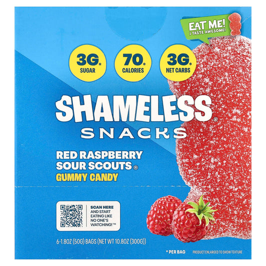 Shameless Snacks Gummy Sweets Red Raspberry Sour Scouts, 6 x 50 g Bags