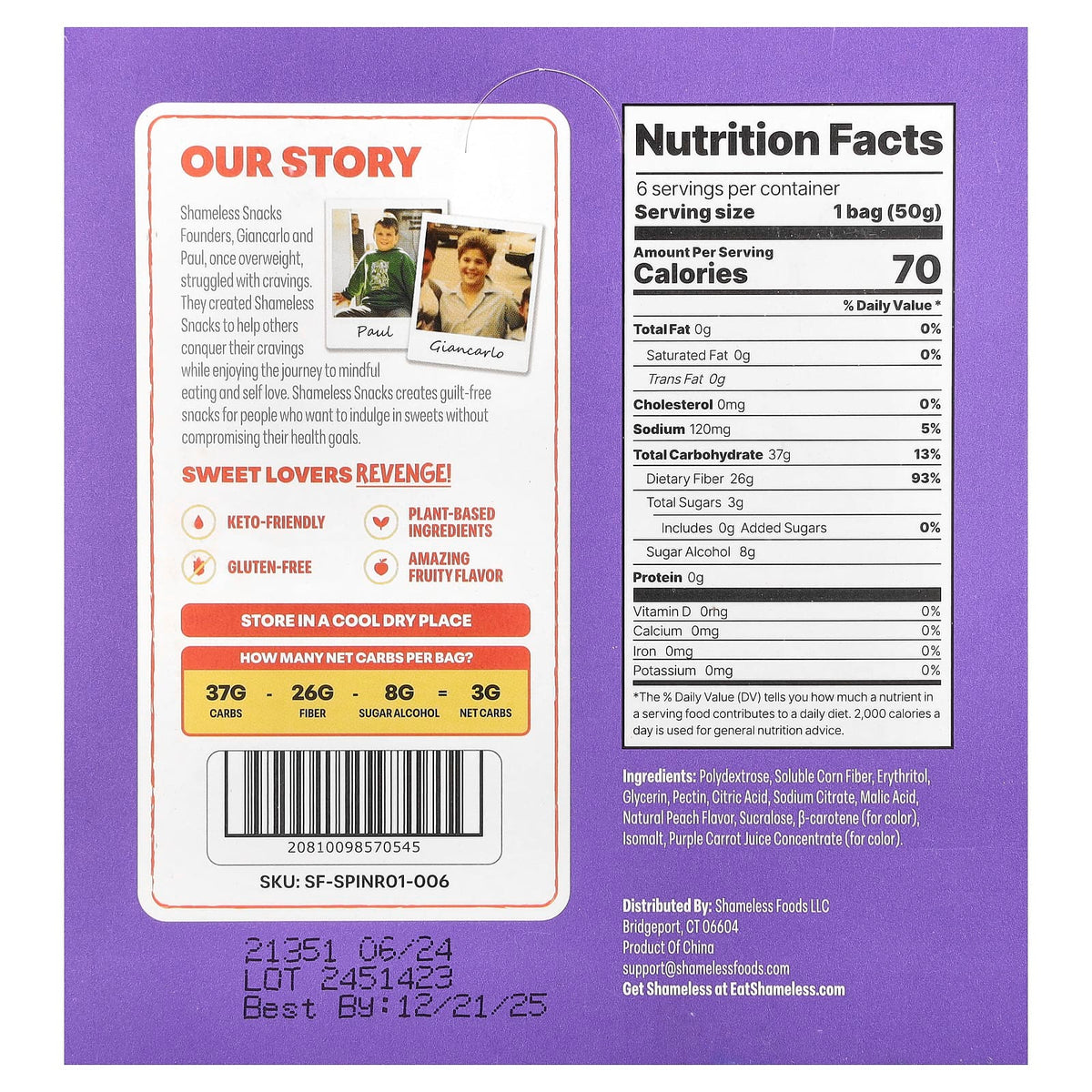 Shameless Snacks Gummy Sweets OMG Peach, 50 g (1.8 oz) Bags, Pack of 6 — alternate product view