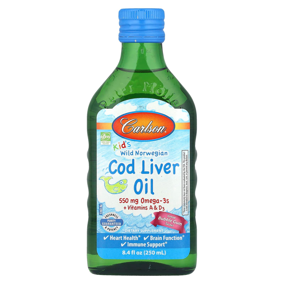Carlson Kid's Wild Norwegian Cod Liver Oil + Vitamins A & D3, Bubble Gum, 250 ml (8.5 fl oz) — product view