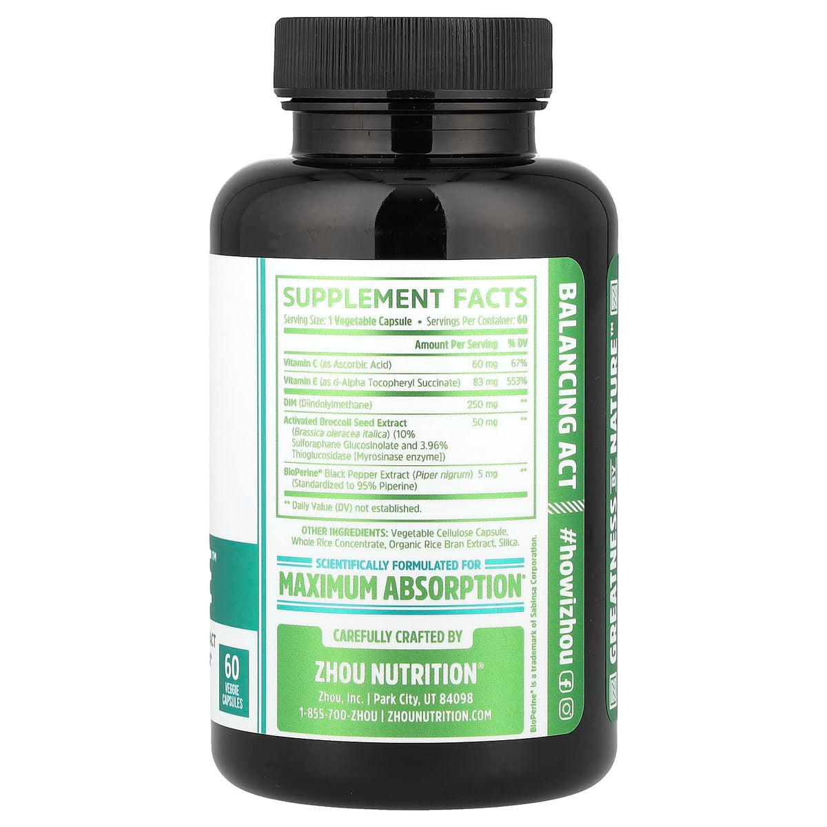 Zhou Nutrition DIM Active with Activated Broccoli Extract, 60 Veggie Capsules - view 2