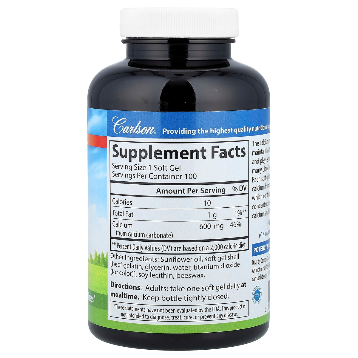 Carlson Liquid Filled Cal-600 600 mg Calcium, 100 Soft Gels - view 2