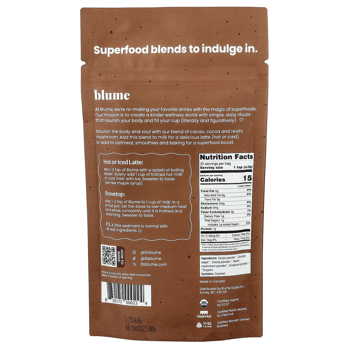 Blume Superfood Latte, Reishi Hot Cacao, 125 g (4.4 oz) — alternate product view