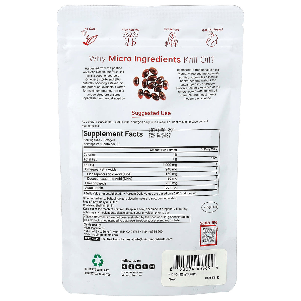 Micro Ingredients Antarctic Krill Oil, 150 Softgels (500 mg Each) — alternate product view