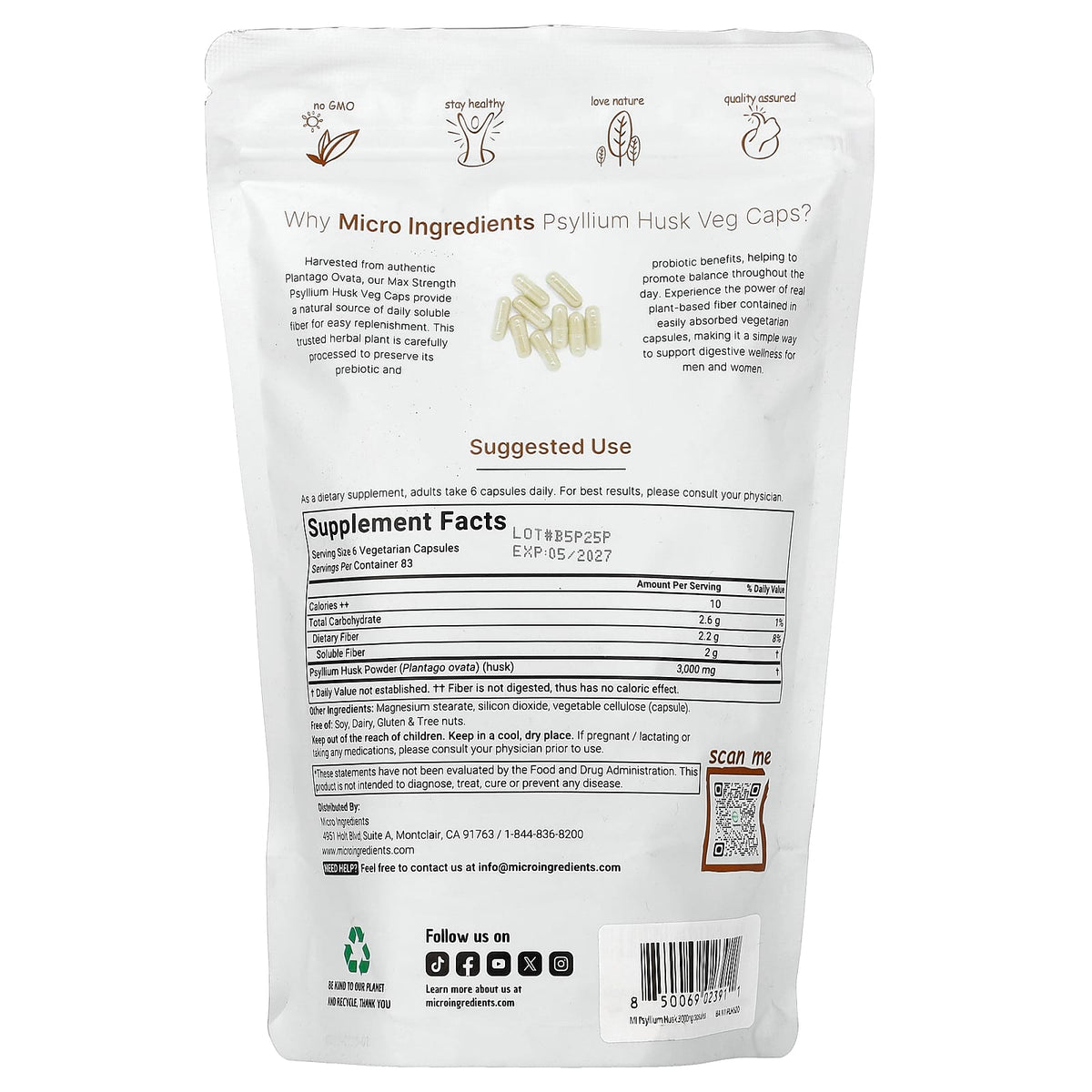Micro Ingredients Psyllium Husk Veg Caps 500 Vegetarian Capsules — alternate product view