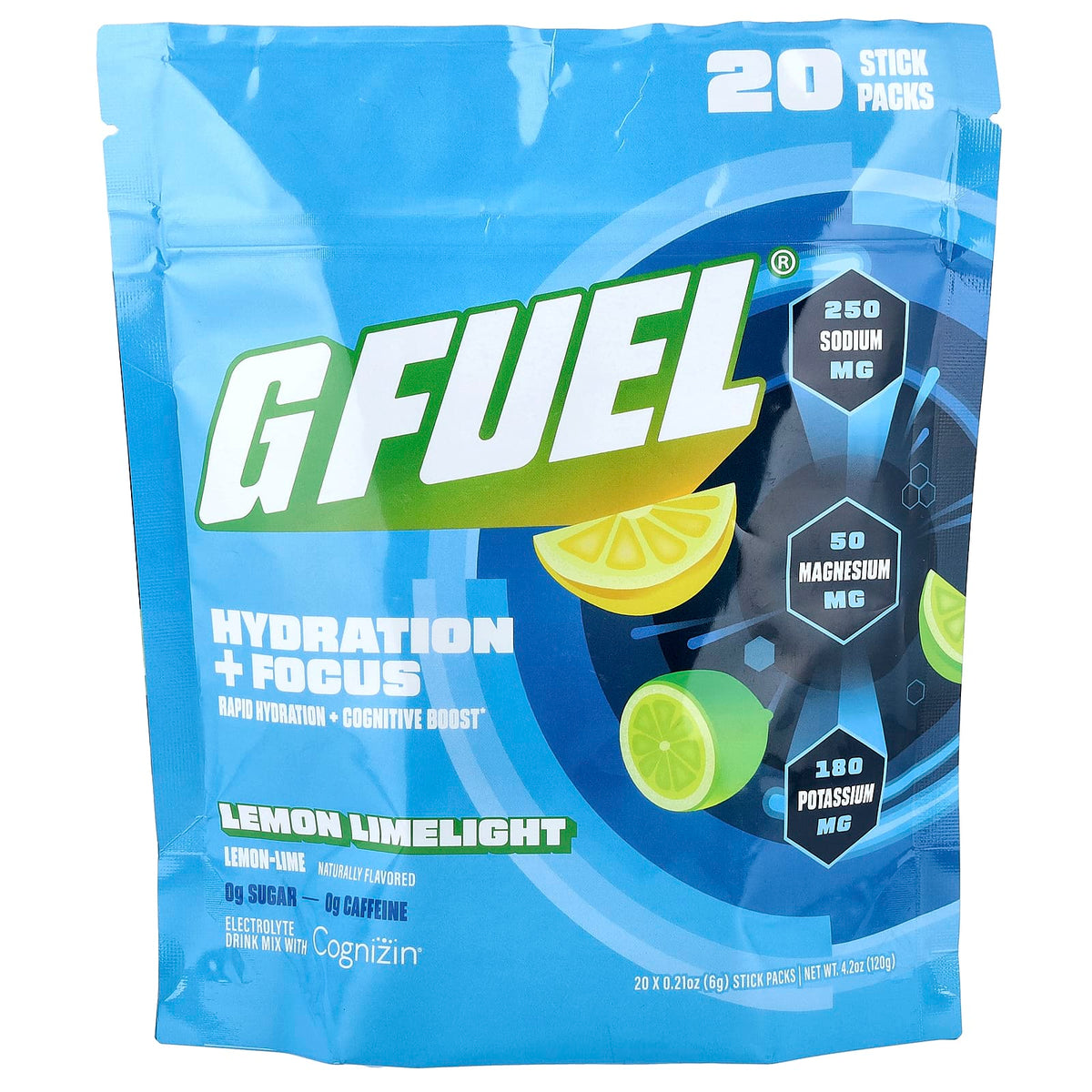 G FUEL Hydration + Focus Electrolyte Mix, Lemon Limelight, 20 Sticks