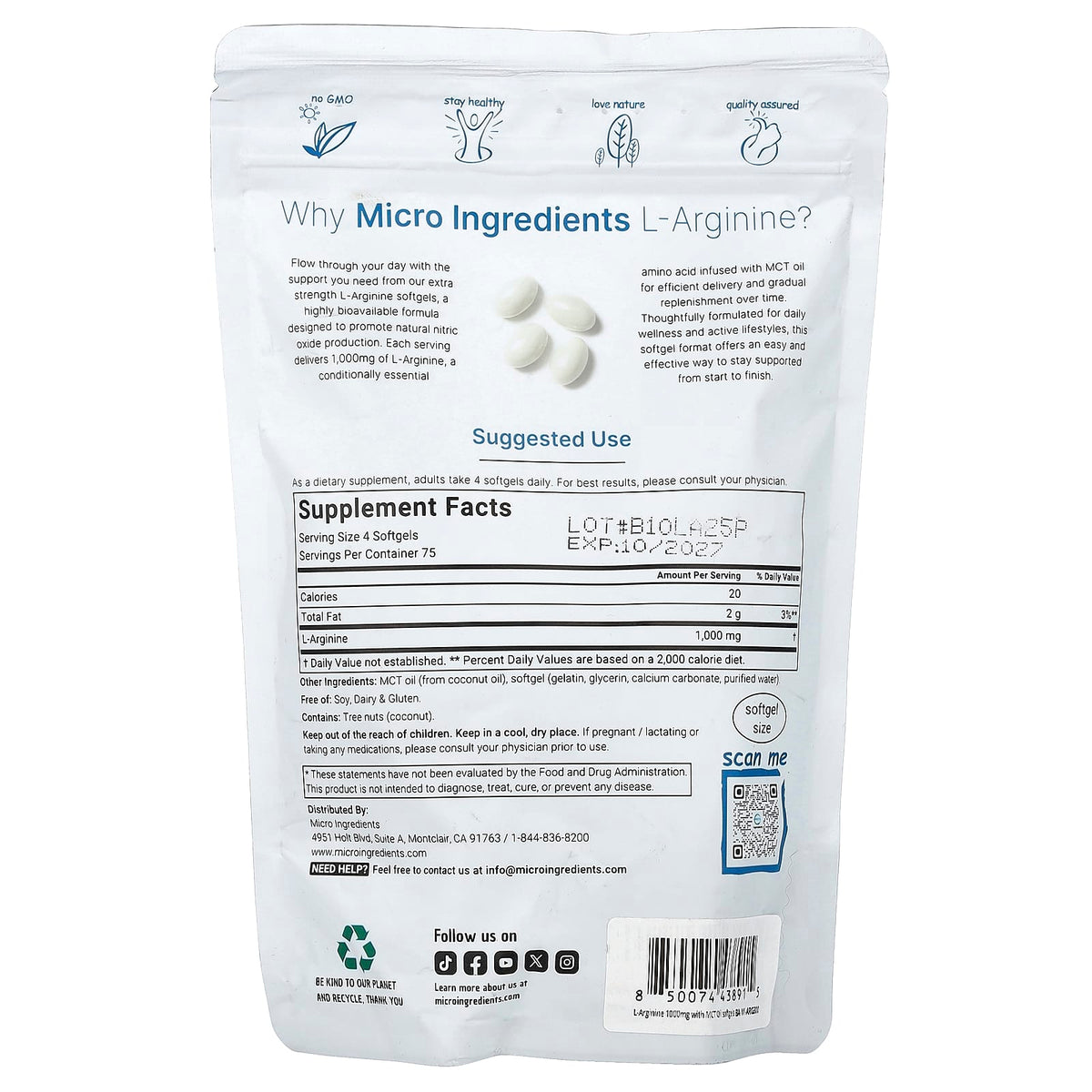 Micro Ingredients L-Arginine 250 mg 300 Softgel Capsules — alternate product view