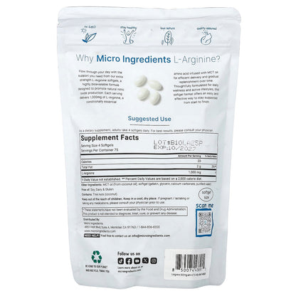 Micro Ingredients L-Arginine 250 mg 300 Softgel Capsules - view 2