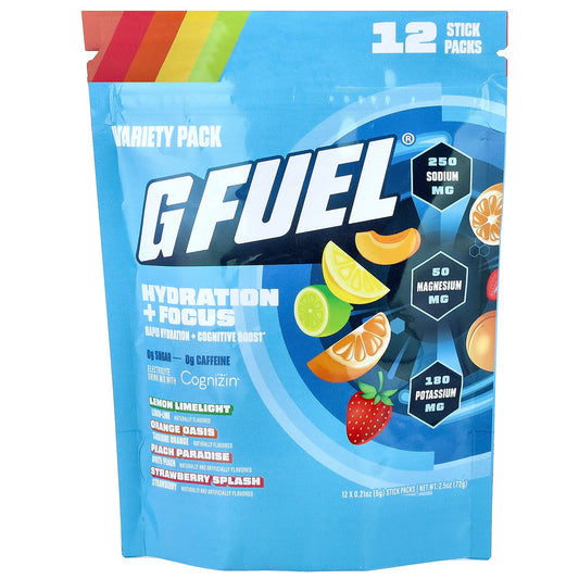 G FUEL Hydration + Focus Electrolyte Mix, Variety Pack, 12 Stick Packs