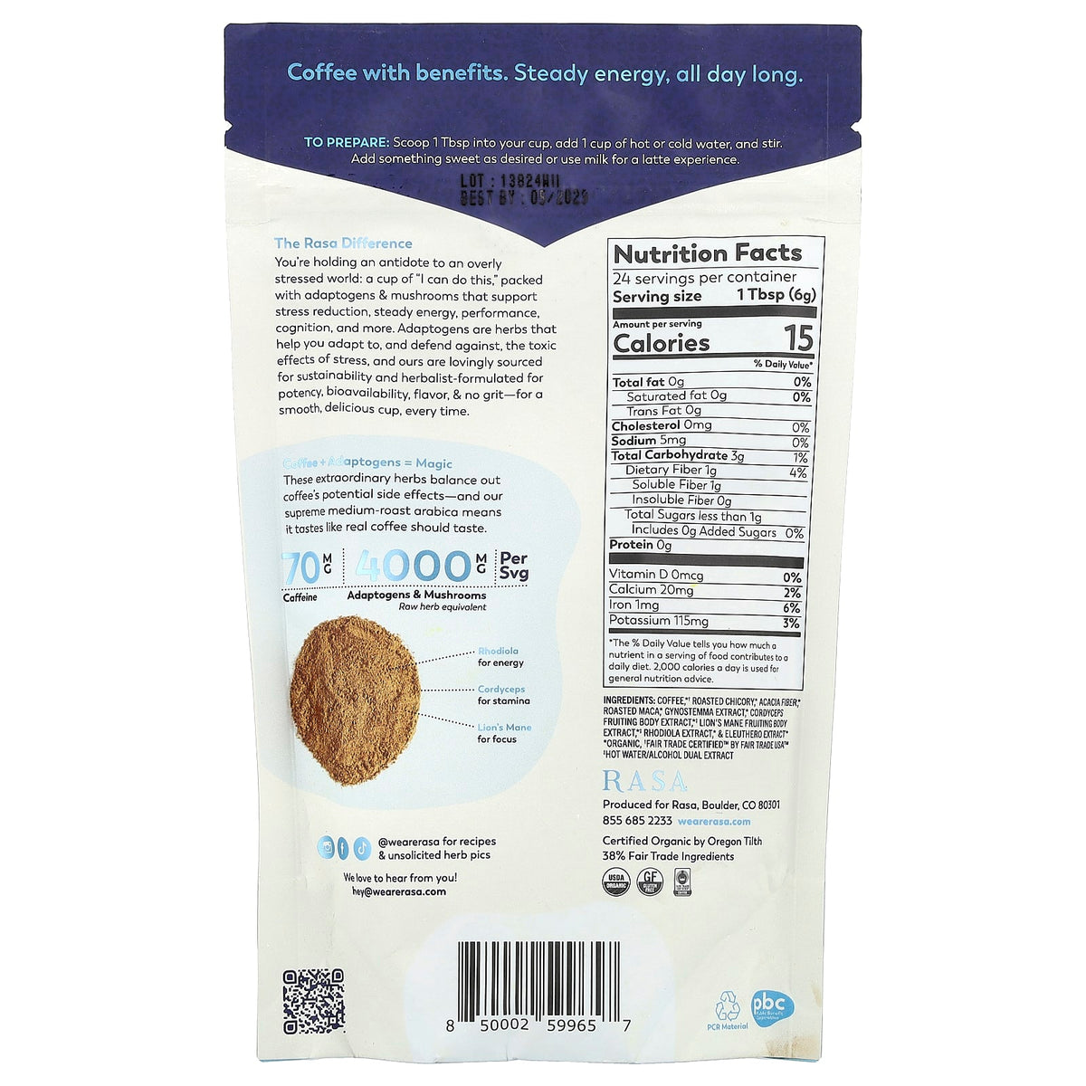 Rasa Adaptogen and Mushroom Instant Coffee, Radiant Roasted, 144 g — alternate product view