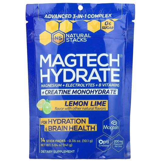 Natural Stacks MagTech Hydrate with Creatine, Lemon Lime, 14 Stick Packs