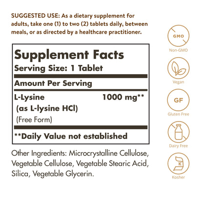 Solgar L-Lysine, Free Form, 1,000 mg, 250 Tablets - view 3