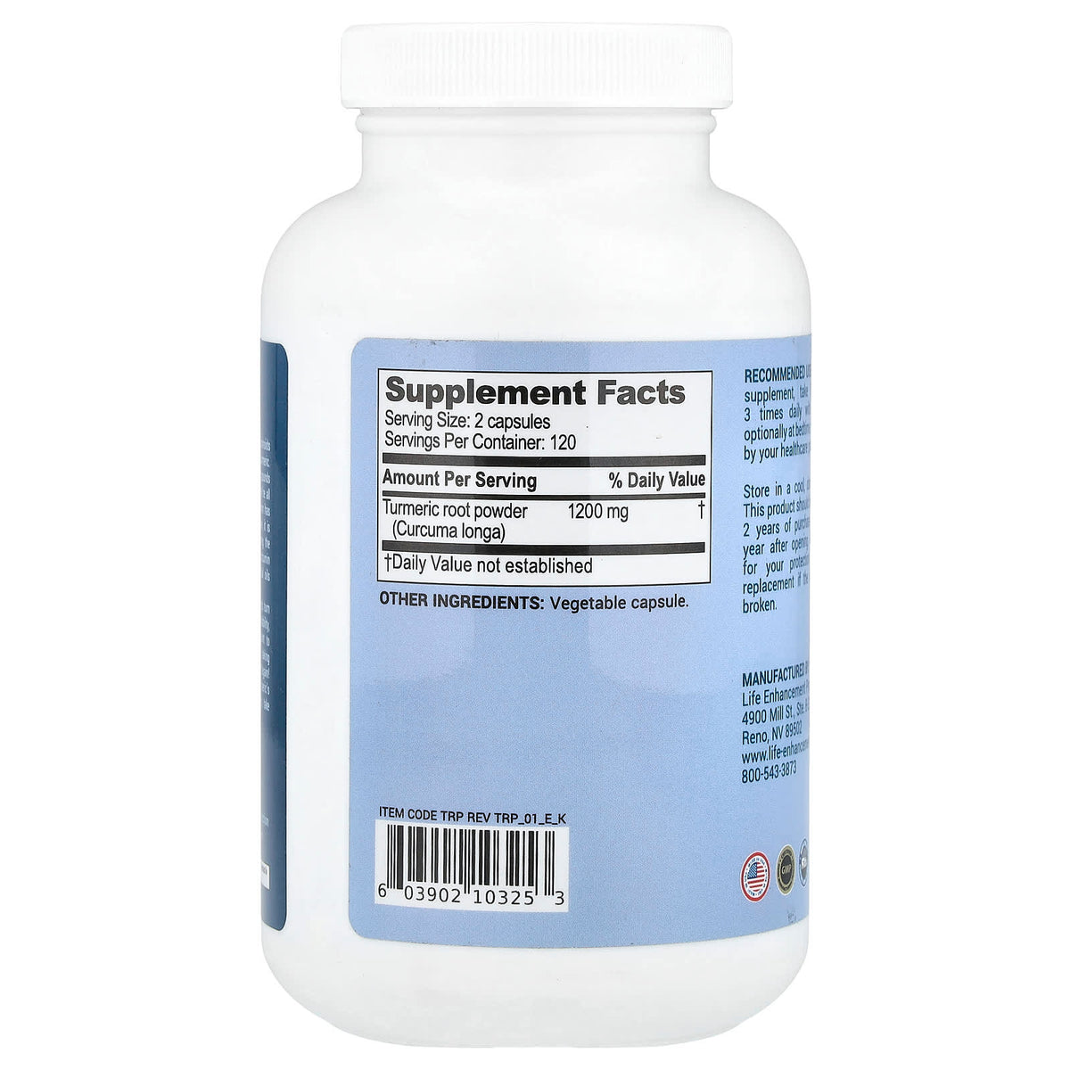 Life Enhancement Turmeric Root Powder, 240 Vegetarian Capsules (600 mg) — alternate product view